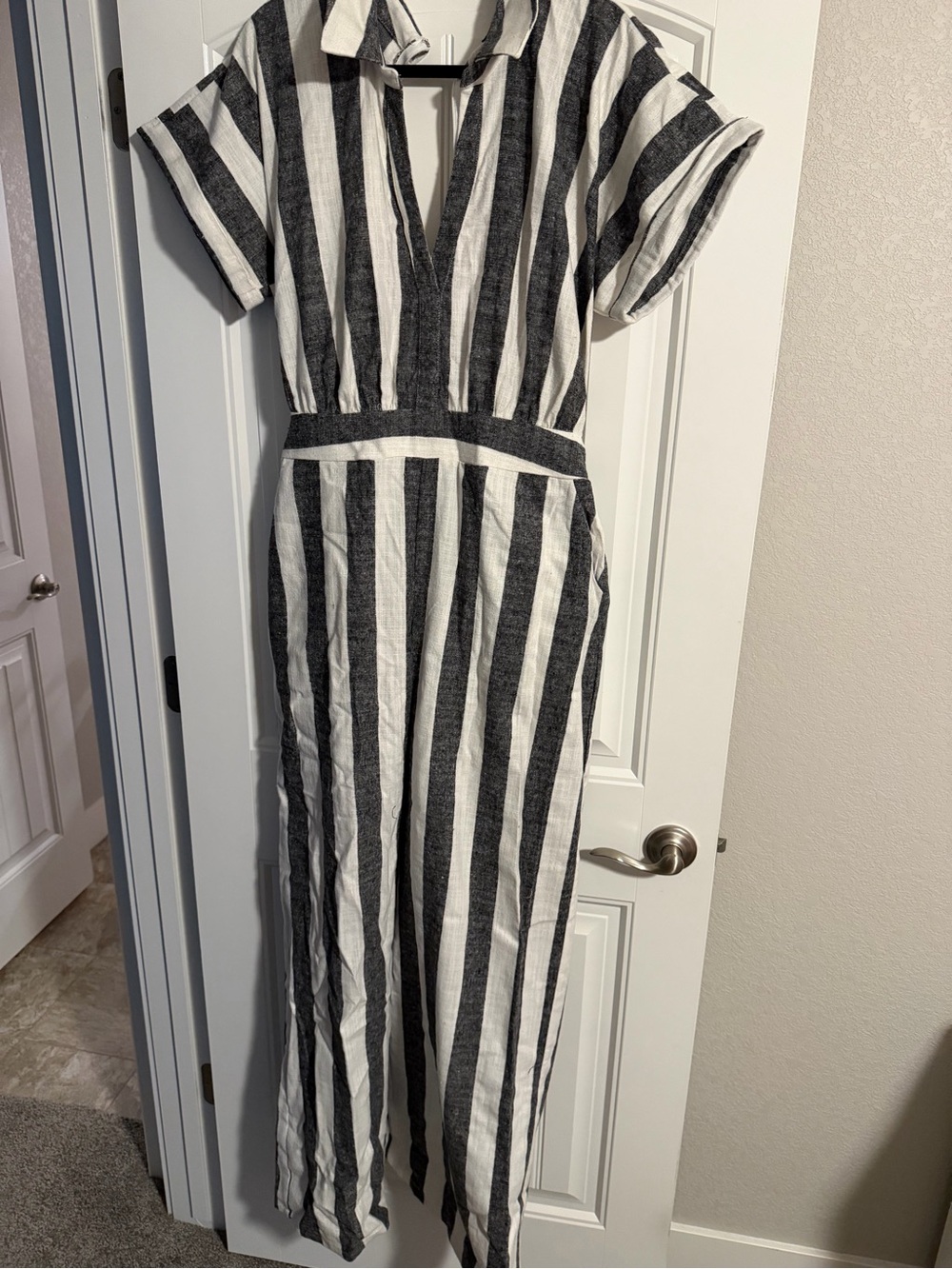 Striped V-Neck Short Sleeve Pant Jumpsuit Black & White